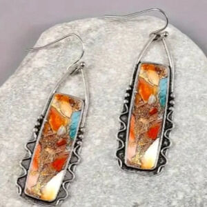 Bohemian Chic Geometric Drop Earrings - Vibrant Mosaic Pattern, Plated White K